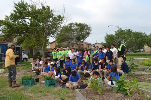 young students listening to someone as they sit and stand on the grass with trees in the background