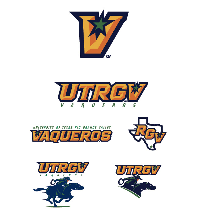 Six representations of the UTRGV Vaqueros logo and wordmark.