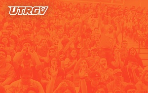 Zoom background UTRGV logo student crowd orange